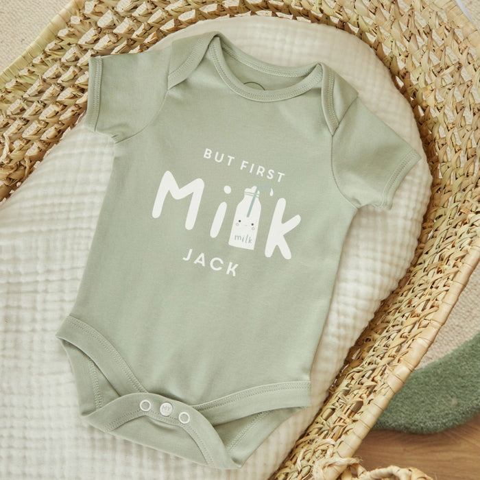 Personalised Milk Carton Organic Cotton Sage Bodysuit