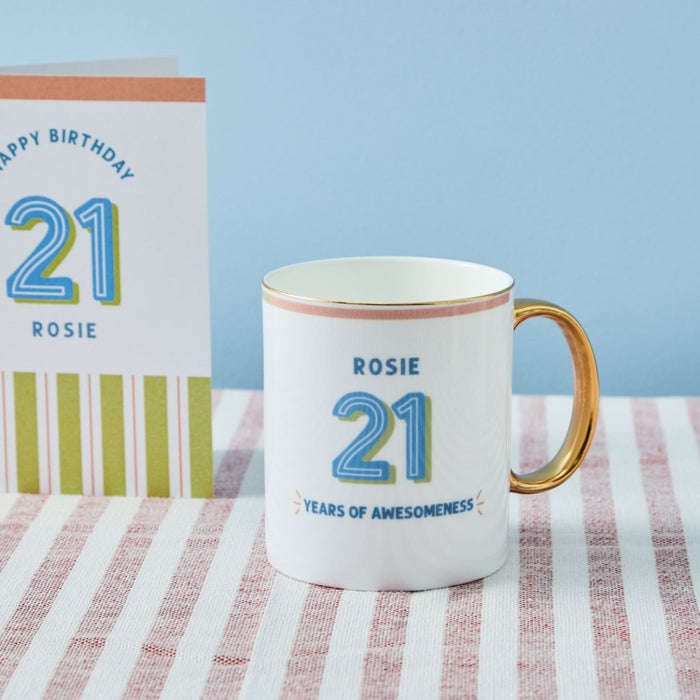 Personalised Modern Milestone 21st Birthday Golden Handle Fine China Mug