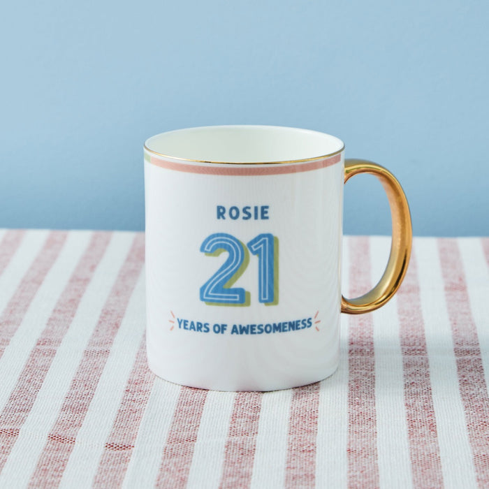Personalised Modern Milestone 21st Birthday Golden Handle Fine China Mug