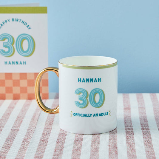 Personalised Modern Milestone 30th Birthday Golden Handle Fine China Mug