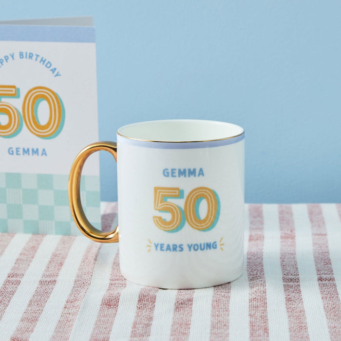 Personalised Modern Milestone 50th Birthday Golden Handle Fine China Mug