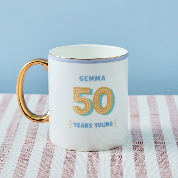 Personalised Modern Milestone 50th Birthday Golden Handle Fine China Mug
