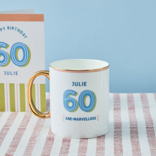 Personalised Modern Milestone 60th Birthday Golden Handle Fine China Mug