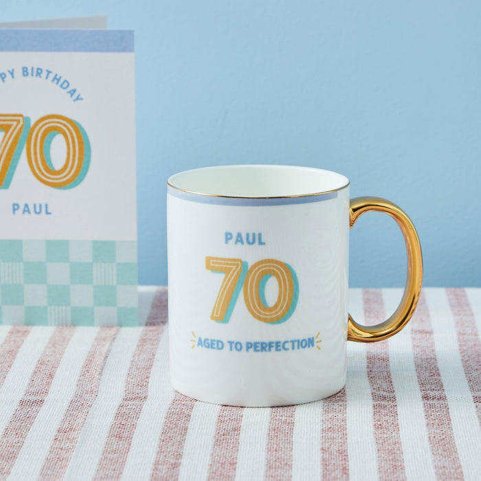 Personalised Modern Milestone 70th Birthday Golden Handle Fine China Mug