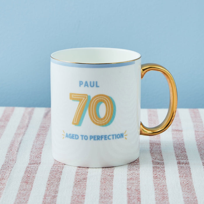 Personalised Modern Milestone 70th Birthday Golden Handle Fine China Mug