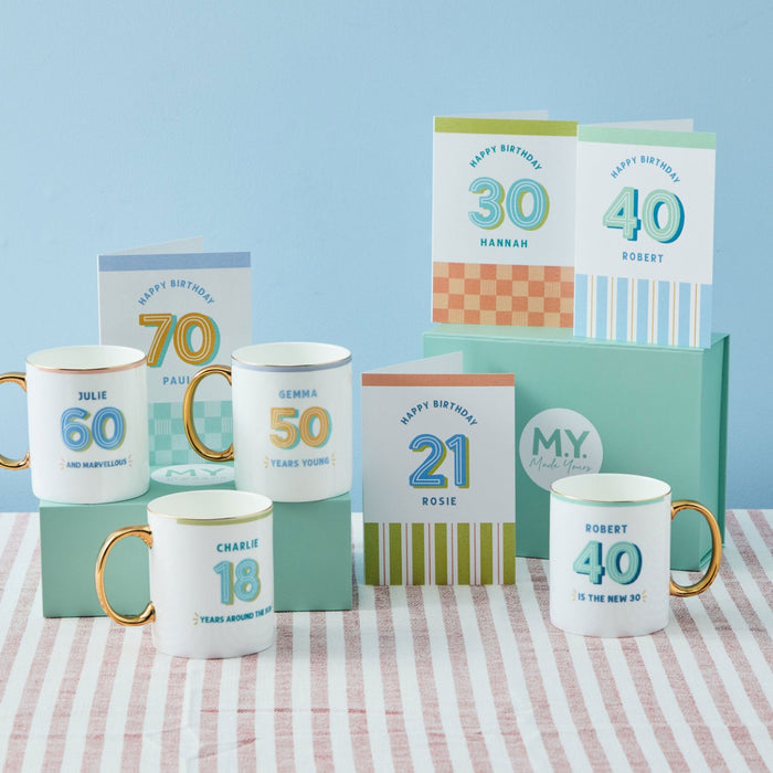 Personalised Modern Milestone 70th Birthday Golden Handle Fine China Mug