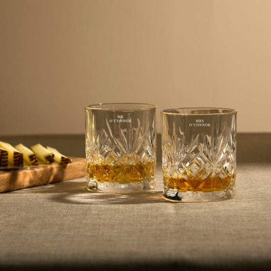 Personalised Mr & Mrs Wedding Crystal Whiskey Tumbler Set