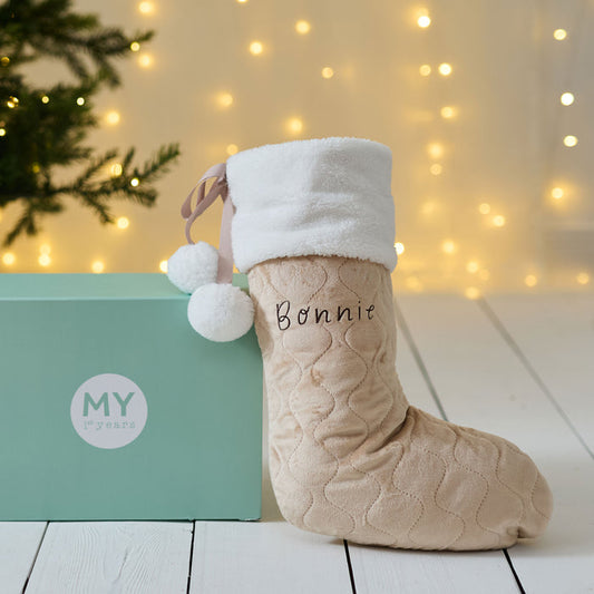 Personalised Name Small Oatmeal Velvet Gift Stocking