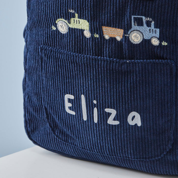 Personalised Navy Cord Tractor Mini Backpack