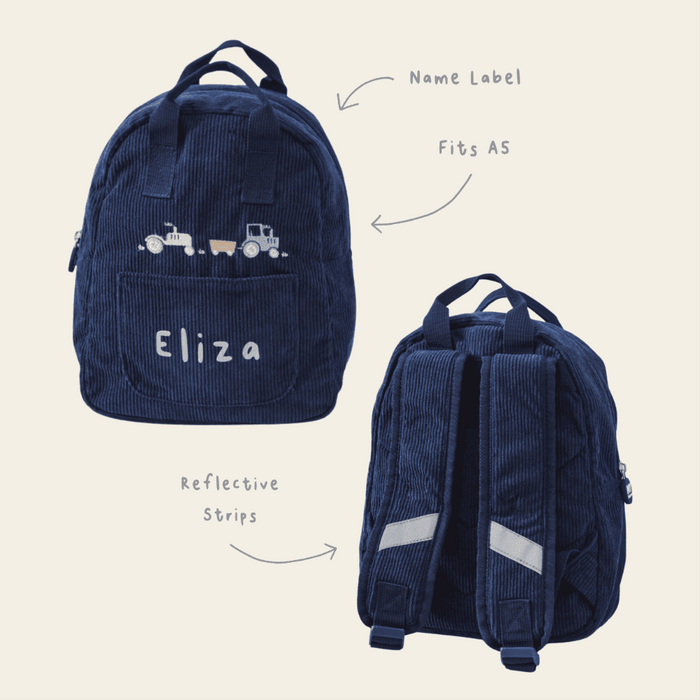 Personalised Navy Cord Tractor Mini Backpack