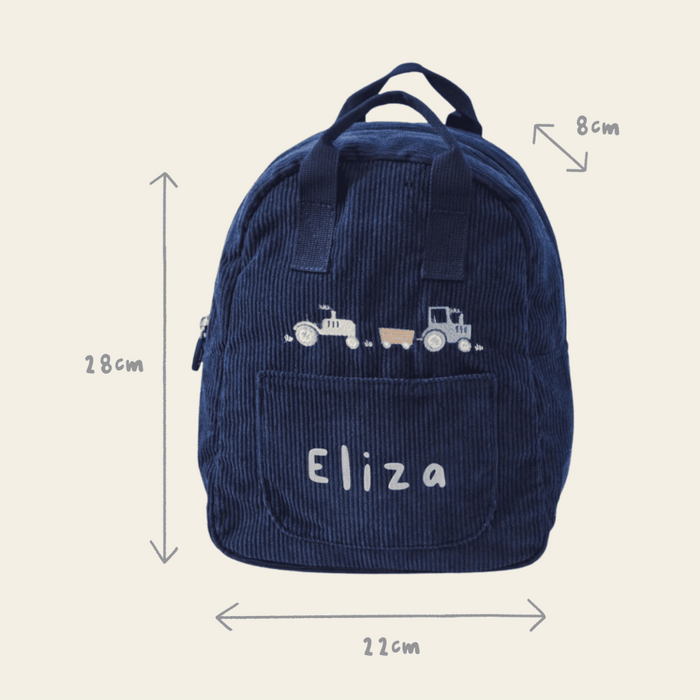 Personalised Navy Cord Tractor Mini Backpack