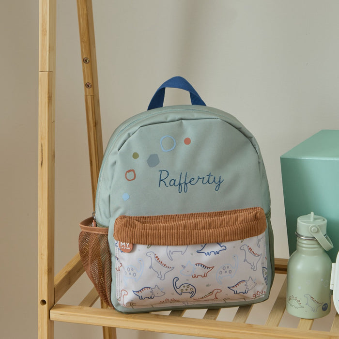 Personalised Neutral Dino Print Pocket Medium Backpack