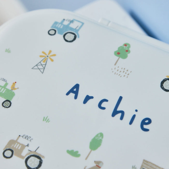 Personalised Neutral Tractor Farm Print Lunch Box