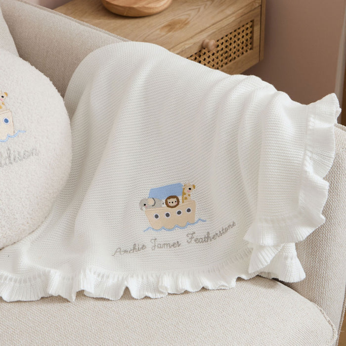 Personalised Noah's Ark Christening Ivory Frill Blanket