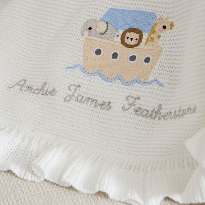 Personalised Noah's Ark Christening Ivory Frill Blanket