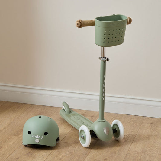 Personalised Olive Eco Banwood Three-Wheel Scooter and Helmet Set