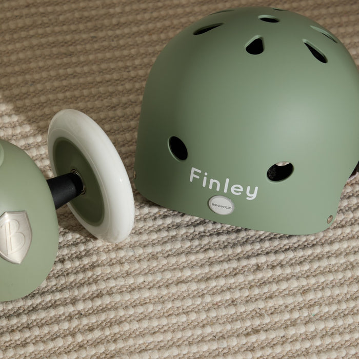 Personalised Olive Eco Banwood Three-Wheel Scooter and Helmet Set