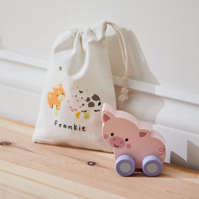 Personalised Orange Tree Toys Wooden Push-Along Pig Toy