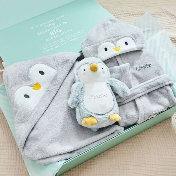 Personalised Penguin Splash, Snuggle & Cuddle Gift Set
