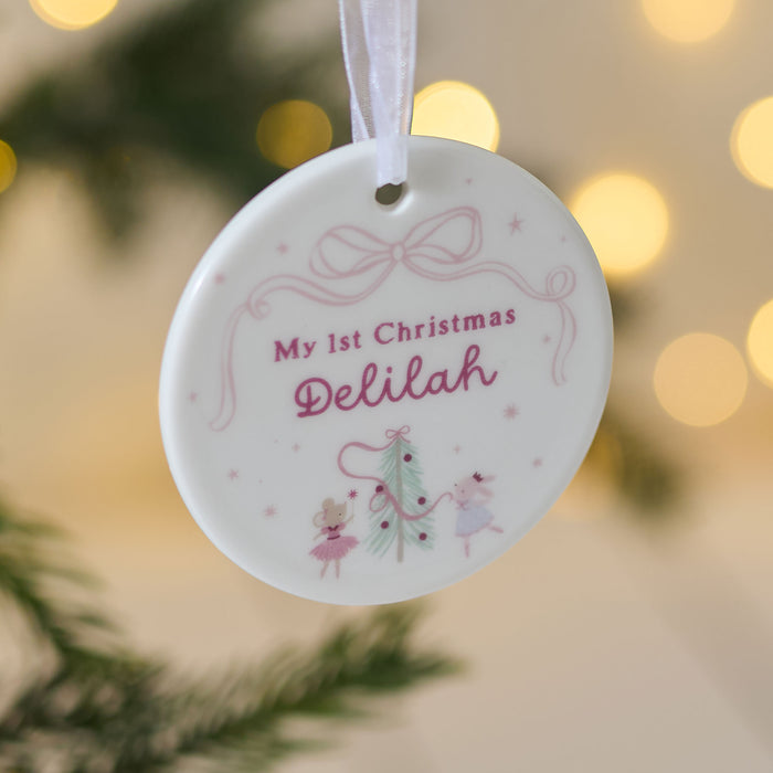 Personalised Pink Bow 1st Christmas Round Ceramic Decoration