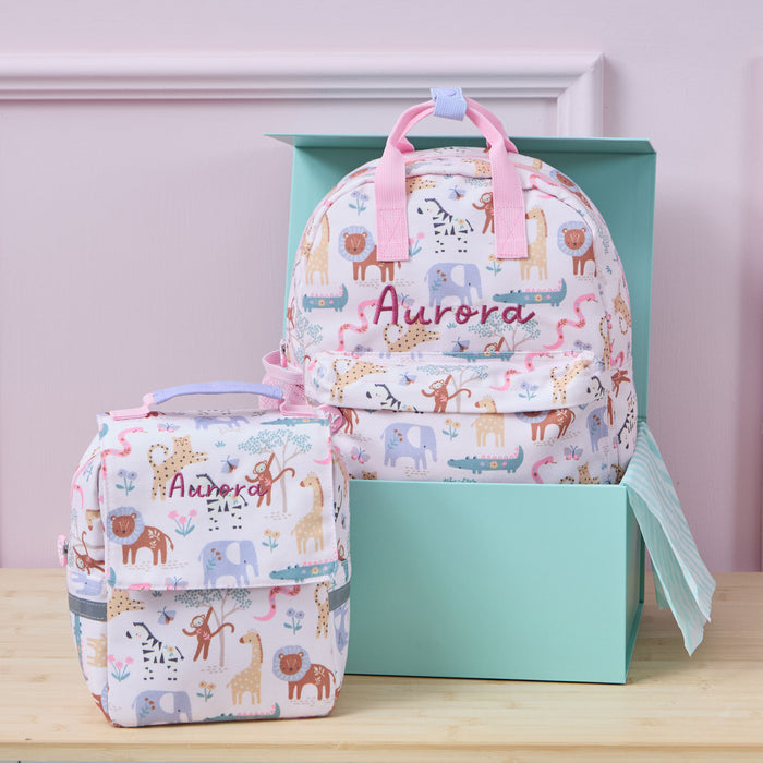 Personalised Pink Floral Safari Lunchbag & Backpack