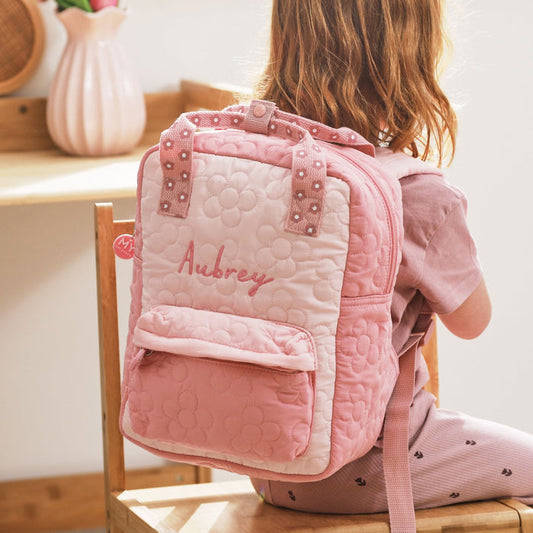 Personalised Pink Flower Quilted Medium Backpack
