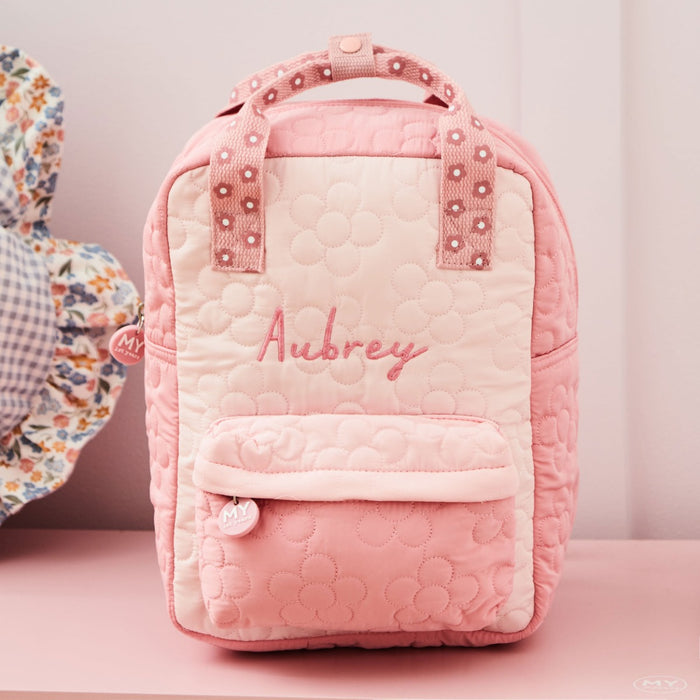 Personalised Pink Flower Quilted Medium Backpack