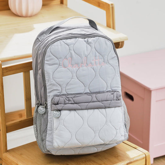 Personalised Pink Font Large Grey Quilted Backpack