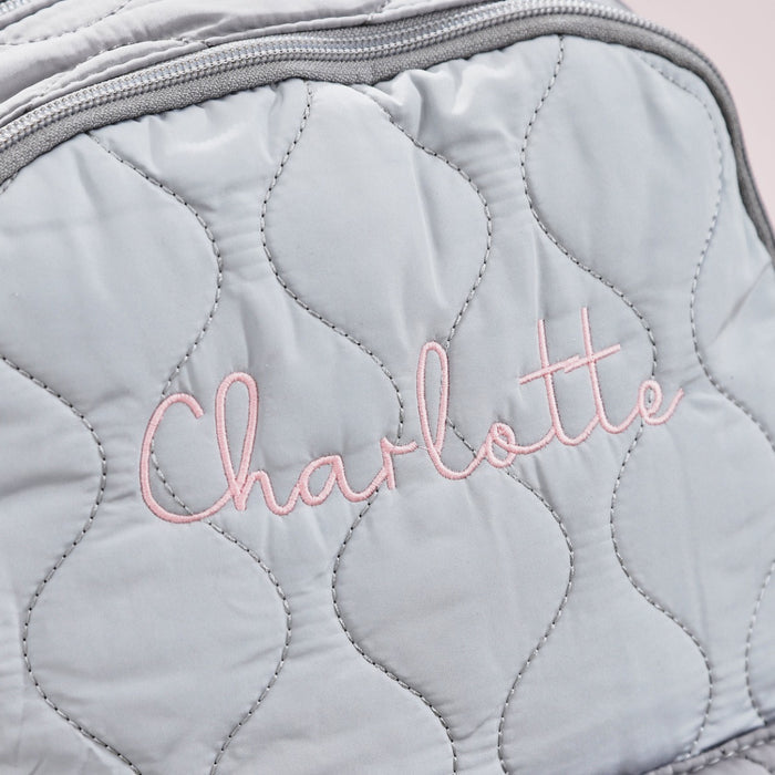 Personalised Pink Font Large Grey Quilted Backpack