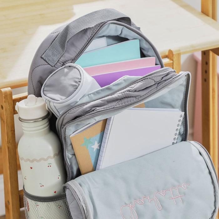 Personalised Pink Font Large Grey Quilted Backpack