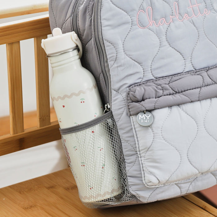 Personalised Pink Font Large Grey Quilted Backpack