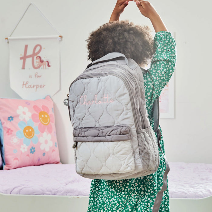 Personalised Pink Font Large Grey Quilted Backpack