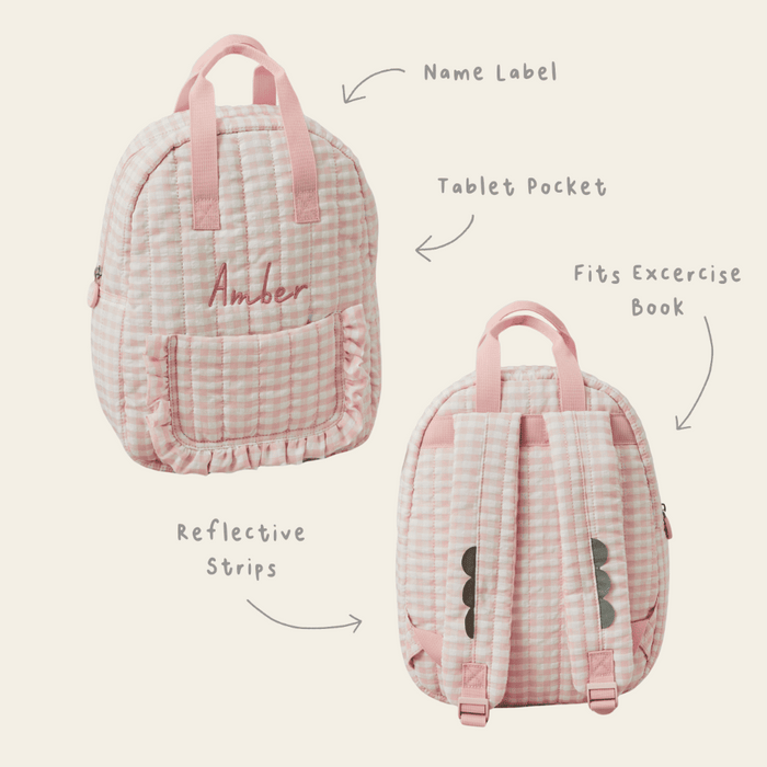 Personalised Pink Gingham Kids Backpack