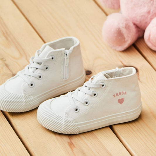 Personalised Pink Heart Ivory Toddler High Top Trainers