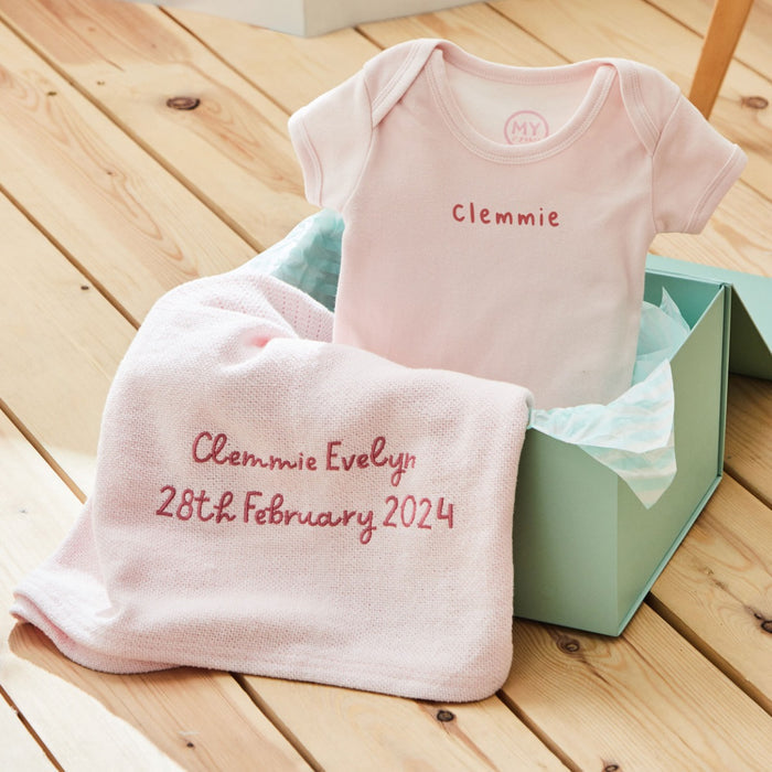 Personalised Pink New Baby Blanket Gift Set