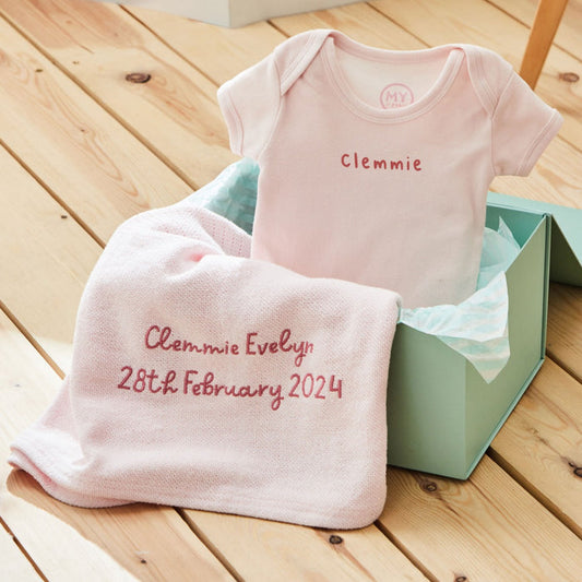 Personalised Pink New Baby Blanket Gift Set