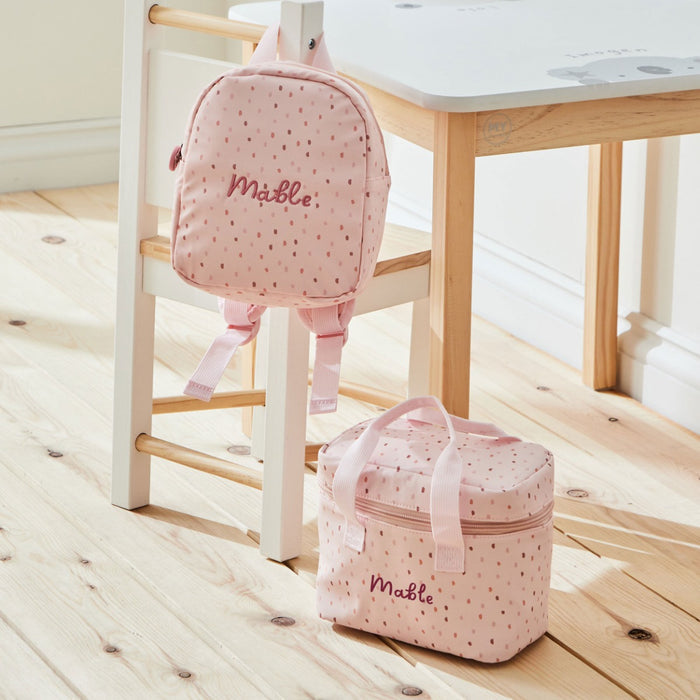 Personalised Pink Spot Backpack & Snack Bag Set
