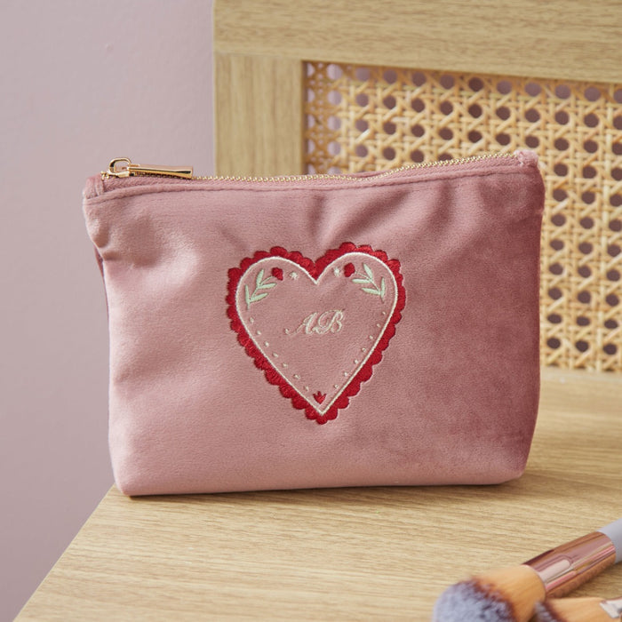 Personalised Pink Velvet Heart Embroidered Cosmetic Bag