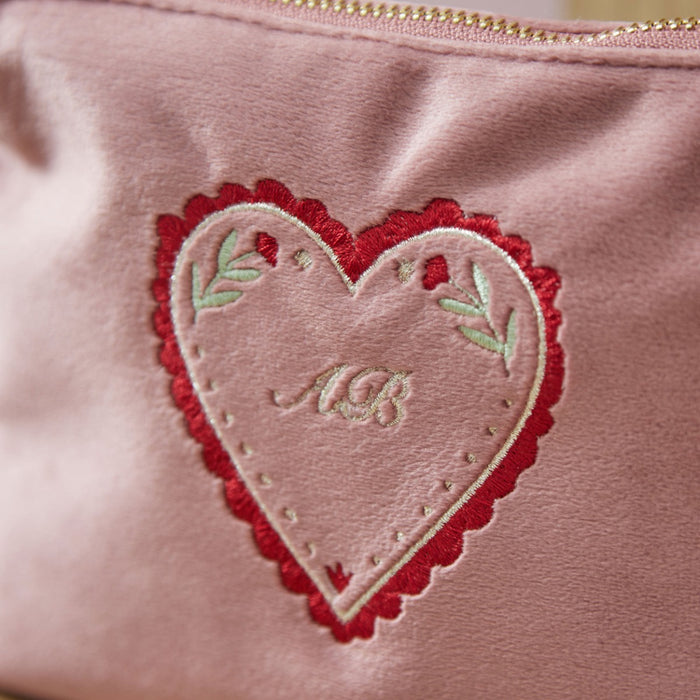 Personalised Pink Velvet Heart Embroidered Cosmetic Bag