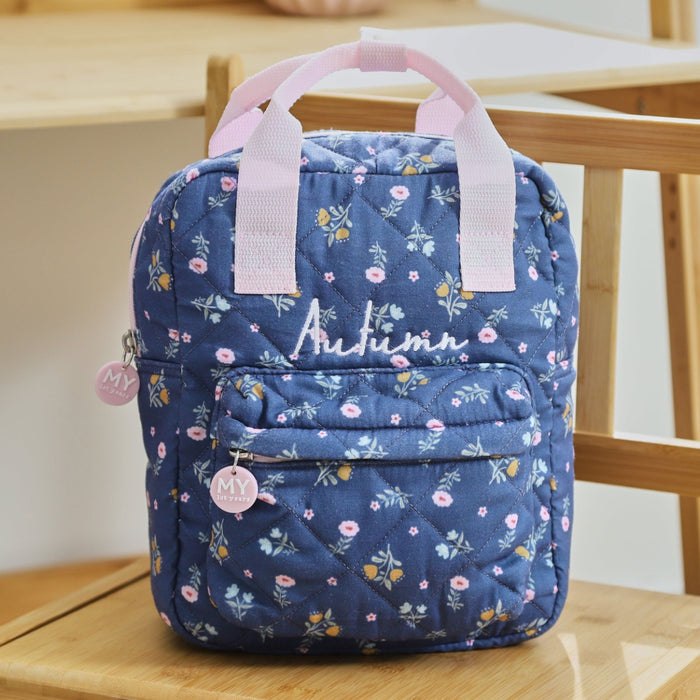 Personalised Quilted Navy Floral Mini Grab Handle Backpack