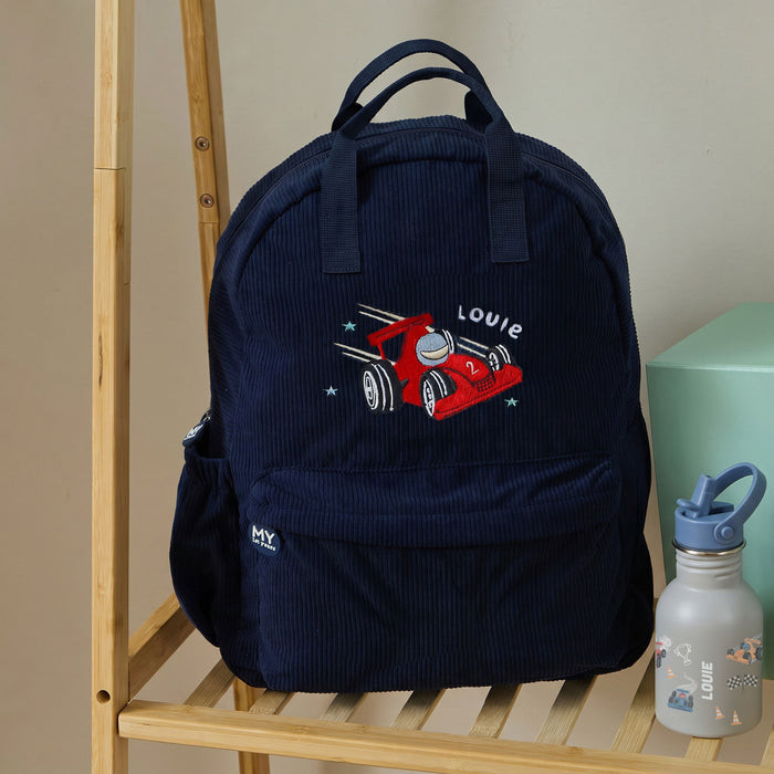 Personalised Racecar Large Navy Cord Backpack