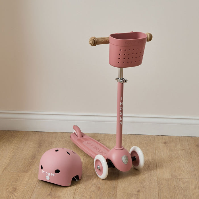 Personalised Raspberry Eco Banwood Three-Wheel Scooter and Helmet Set