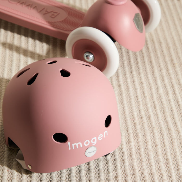 Personalised Raspberry Eco Banwood Three-Wheel Scooter and Helmet Set