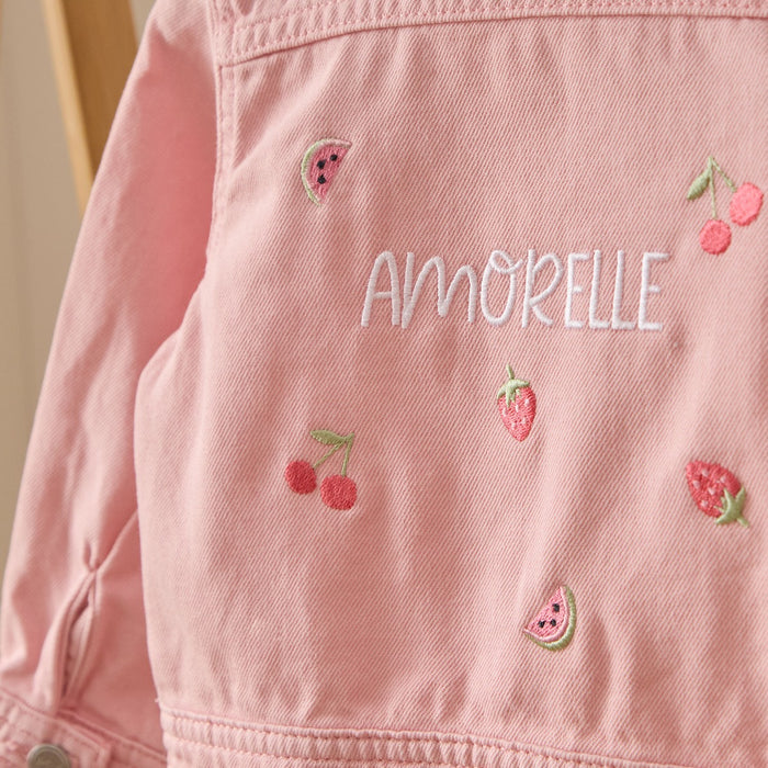 Personalised Red Fruit Pink Frill Denim Jacket