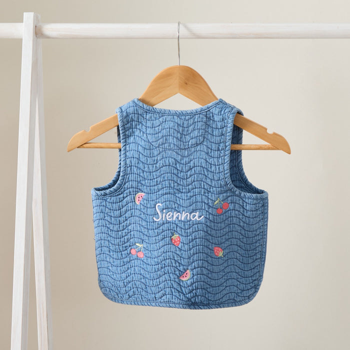 Personalised Red Fruit Quilted Denim Gilet