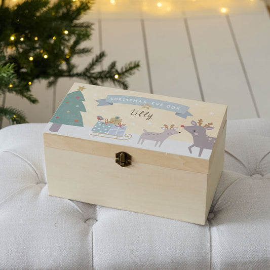 Personalised Reindeer & Presents Wooden Christmas Eve Box FSC®