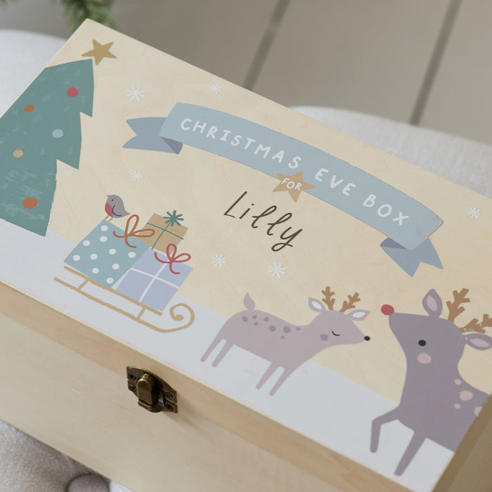 Personalised Reindeer & Presents Wooden Christmas Eve Box FSC®