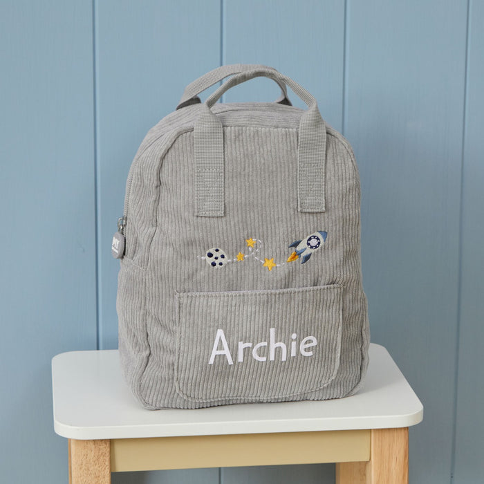 Personalised Rocket Embroidered Grey Cord Backpack