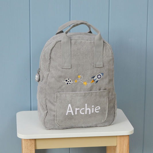 Personalised Rocket Embroidered Grey Cord Backpack
