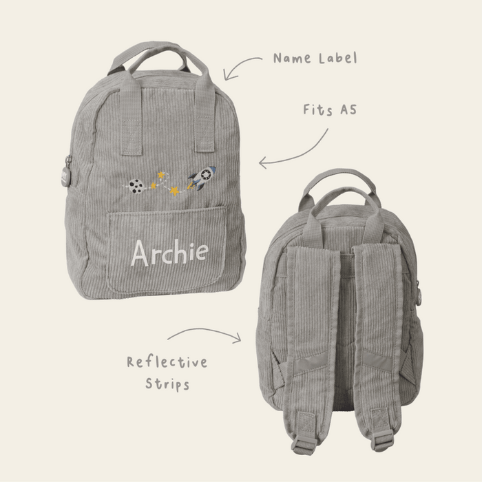 Personalised Rocket Embroidered Grey Cord Backpack
